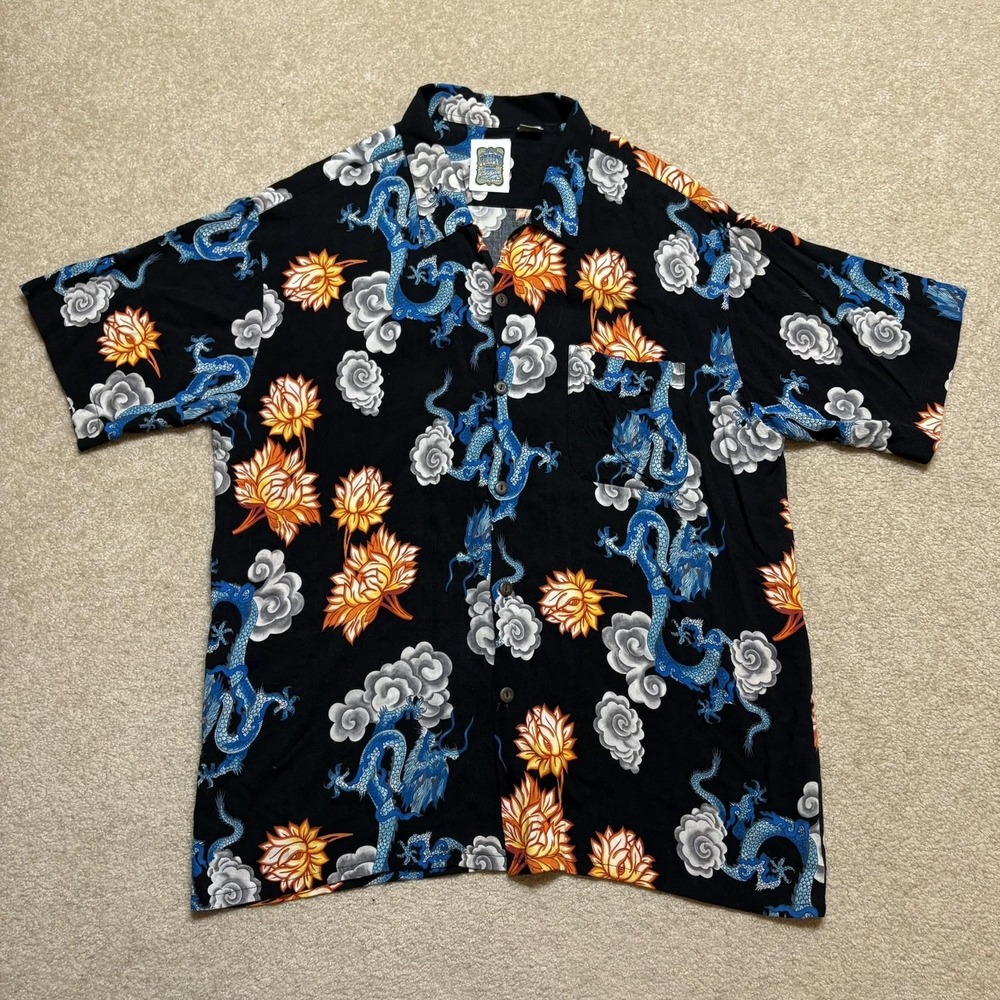 Vtg Ocean Current Hawaiian Shirt Mens Medium Black Rayon Dragon Floral Camp Y2K